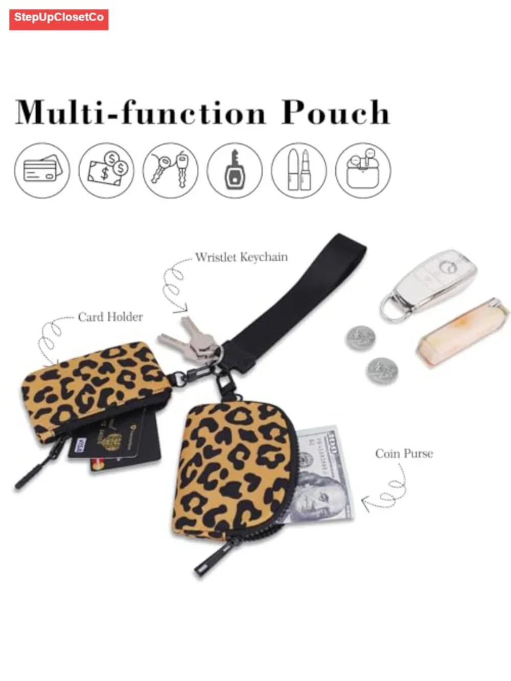 Quilted Wristlet Wallet, Zip Around Coin Purse, Detachable Dual Pouch Keychain,